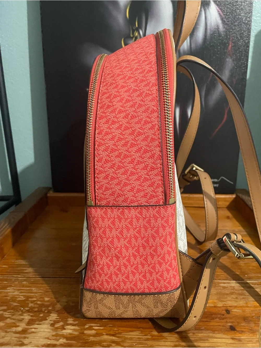 Michael Kors Cream, Red and Brown Signature Logo Backpack